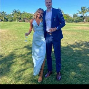 Revolve blue satin more to come maxi dress